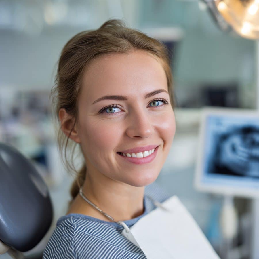 Smiling patient seated in the treatment room at King Village Dental in Bowmanville, Ontario